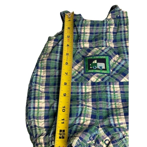 VTG Little-Me Plaid Bubble Romper & Bib Pocket | Embroidered Truck Blue Green - Picture 7 of 8